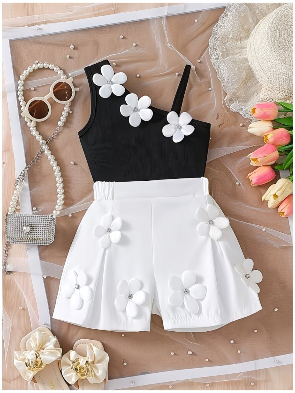 2pc Tank & Shorts Set Classic Black and White with Embellished 3D Flowers